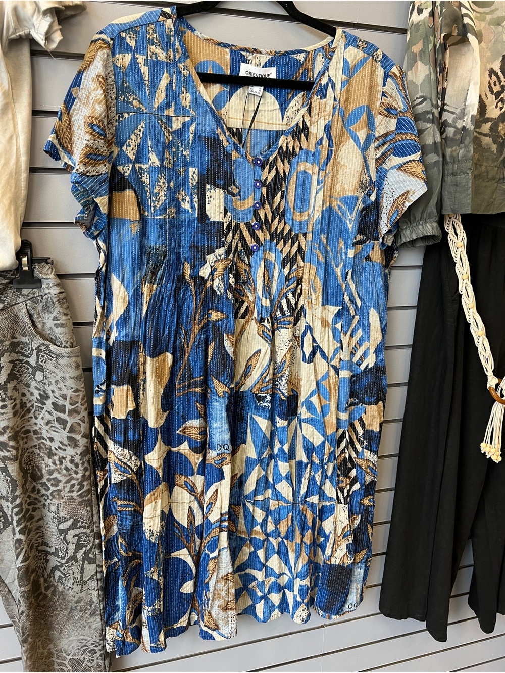 Orientique Blue and Tan Pleated Dress with Abstract Floral Print